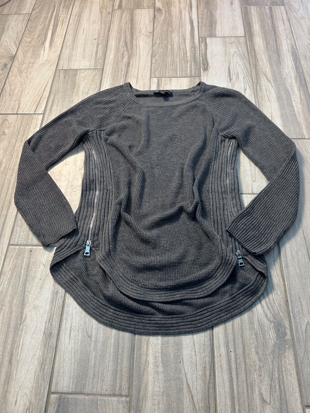 INC Charcoal Gray Ribbed Sleeves Waffle Body Zip-Accent Sweater Med Steampunk